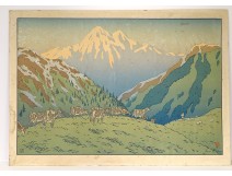 Large color lithograph Henri Rivière landscape mountain herd XIXth