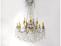 Large chandelier 15 lights gilt bronze cut crystal tassels tinsel nineteenth