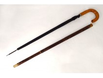 Cane with umbrella system, old wooden handle, 20th century