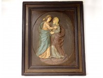 High-relief polychrome wood panel Visitation Virgin Mary Elisabeth 18th