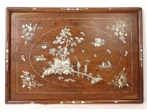 Mother of pearl wood tray maqueterie landscape temple characters flower Vietnam XIXth