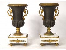 Pair of cassolettes Medici vases gilded bronze white marble Napoleon III nineteenth