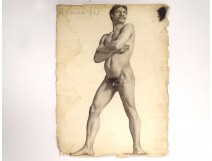 Naked man academy study pencil drawing signed Romieu XIXth century