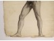 Naked man academy study pencil drawing signed Romieu XIXth century