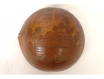 Half-calabash coconut carved penal colony Ile du Diable Guyana palm trees XIXth