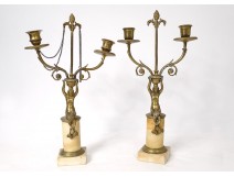 Pair of candelabra 2 lights gilded bronze women mermaids eagle white marble nineteenth