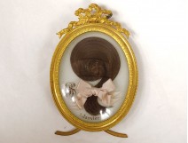 Miniature hair work monogram oval frame gilded brass knot 1900