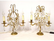 Pair of girandoles 2 lights gilded bronze cut crystal tassels flowers nineteenth