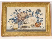 Watercolor still life basket bouquet flowers butterfly golden frame nineteenth