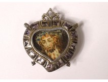 Miniature pendant Christ crucified solid silver amethysts heart eighteenth