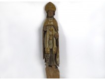 Polychrome carved wood statue Breton bishop Saint Brittany XVIIth century