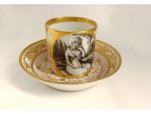 Paris porcelain cup saucer grisaille gilding young woman Empire XIXth