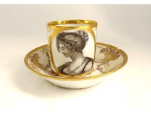 Paris porcelain cup saucer grisaille gilding young woman Empire XIXth