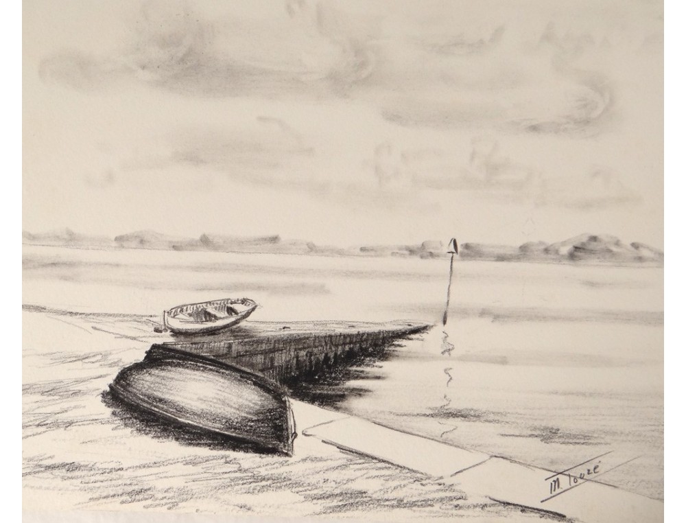 Dessin fusain crayon embarcadère bateau Golfe Morbihan Touzé painting XXème