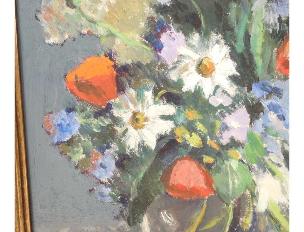 HSP bouquet fleurs vase bois doré Marie Louise Ogier painting XXème siècle