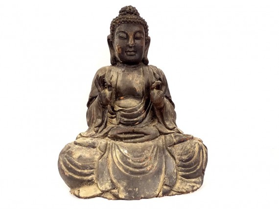 Grande sculpture bois Bouddha Amitabha 4mains Karana Mudra Dhyana Mudra 19è