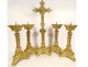 Neo-Gothic altar set 4 gilt brass crucifix cross candlesticks