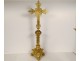 Neo-gothic altar set 4 gilt brass crucifix cross candlesticks