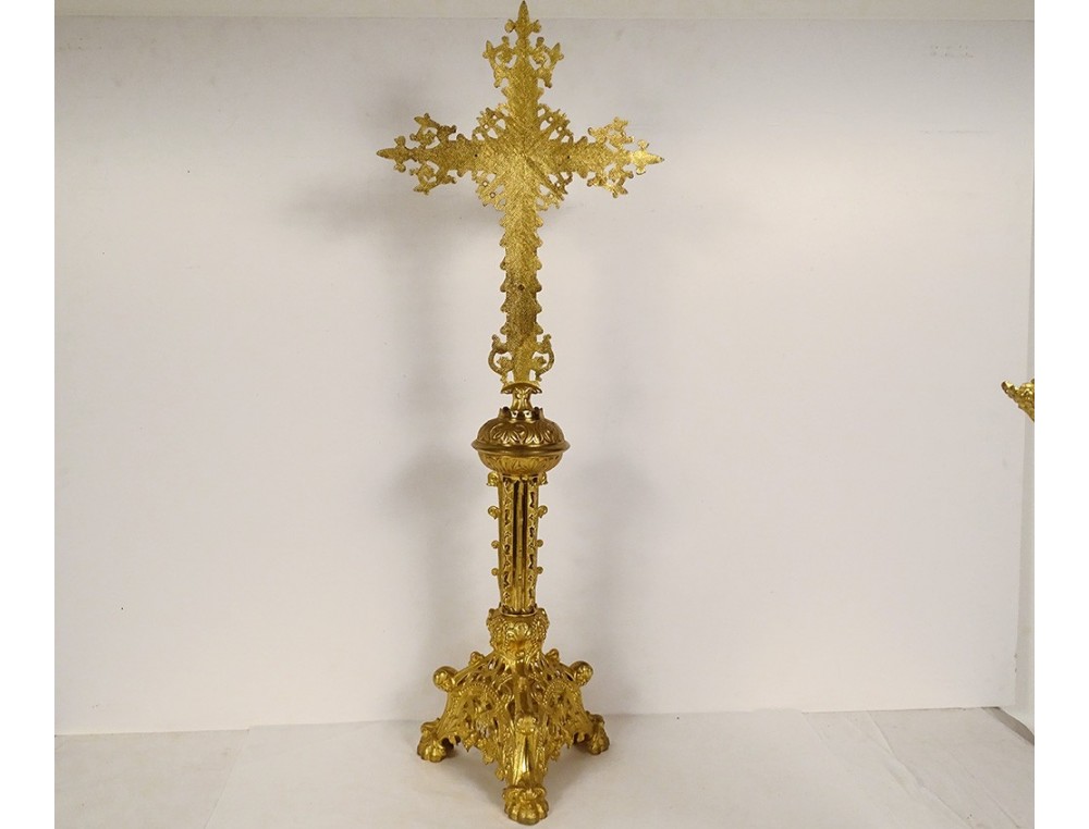 Neo-Gothic altar set 4 gilt brass crucifix cross candlesticks