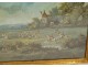 Gouache landscape scene hunting with hounds deer mill forest French school 18th