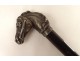 Old wooden cane with horse head pommel, solid German silver, 19th century