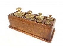 Old weight box 14 weights brass scale measuring wood 19th century