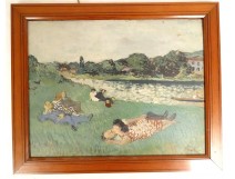 HSC painting Paul Strecker landscape countryside figures lying lawn 20th century