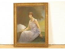 Large pastel painting of Belle Epoque woman with fan signed Bailly late 19th century