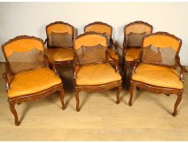 Suite 6 Regency beech cane armchairs carved flower shells XVIIIth