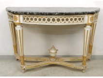 Console half moon Louis XVI carved wood lacquered openwork gray marble eighteenth