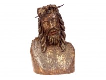 Polychrome carved wooden bust statue Christ crown of thorns 14th 15th century