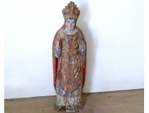 Sculpture statue carved polychrome wood Saint bishop miter 17th century
