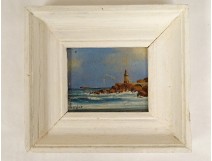 Small HSC painting marine landscape Uslet seaside rocks lighthouse 19th century