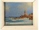 Small HSC painting marine landscape Uslet seaside rocks lighthouse 19th century