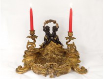 Inkwell Louis XV bronze candlesticks 2 putti head rockery character 40cm 18th