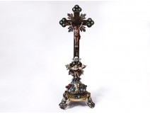 Small crucifix Christ cross enameled bronze turquoises Austria Vienna XIXth
