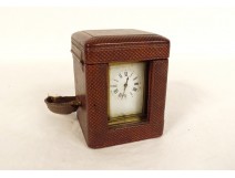 Gilt bronze travel clock in 19th century leather box