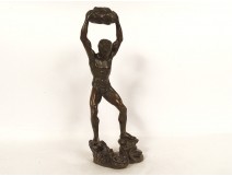 Bronze sculpture man with snake rock Art Deco 20th century