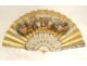 Fan characters gallant scene landscape flowers birds gilding 19th century