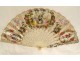 Fan characters gallant scene landscape flowers birds gilding 19th century