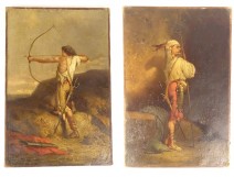 Pair HST orientalist paintings att. Adrien Guignet Archer Star 19th Century