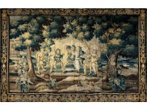 Large Aubusson tapestry characters dancing landscape castle coat of arms 17th century