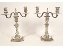 Pair of 2-light Louis XIV candelabras in silver-plated metal from Christofle Dupérier, 20th century