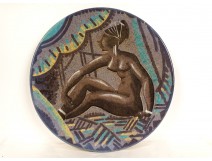 Large Sèvres earthenware dish André Naudy Africanist decor nude woman Art Deco