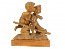 Terracotta sculpture Emmanuel Villanis Childish kiss cherubs late 19th century