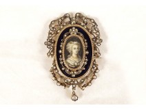 Miniature brooch silver enamel fine pearls portrait young woman knot 19th century