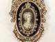 Miniature brooch silver enamel fine pearls portrait young woman knot 19th century