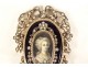 Miniature brooch silver enamel fine pearls portrait young woman knot 19th century