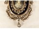 Miniature brooch silver enamel fine pearls portrait young woman knot 19th century