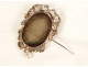 Miniature brooch silver enamel fine pearls portrait young woman knot 19th century